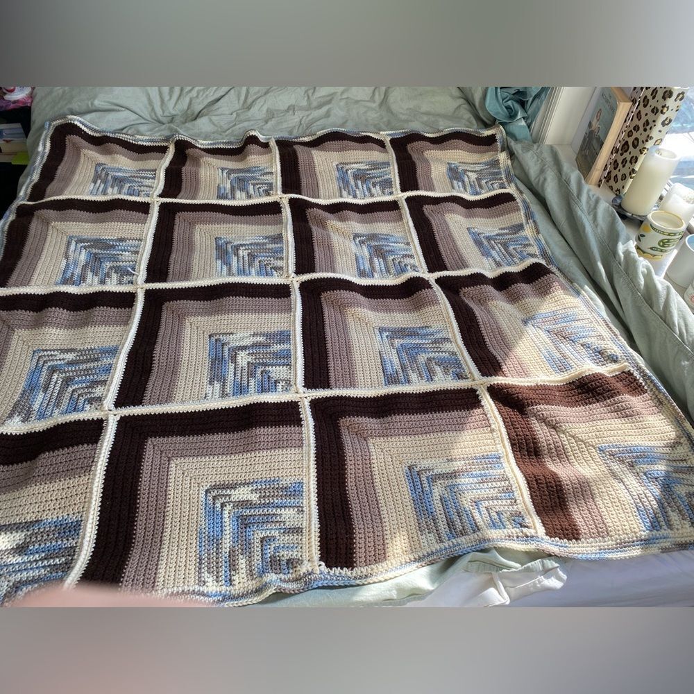 Vintage 1970s Knitted Geometric Bed Throw Blanket